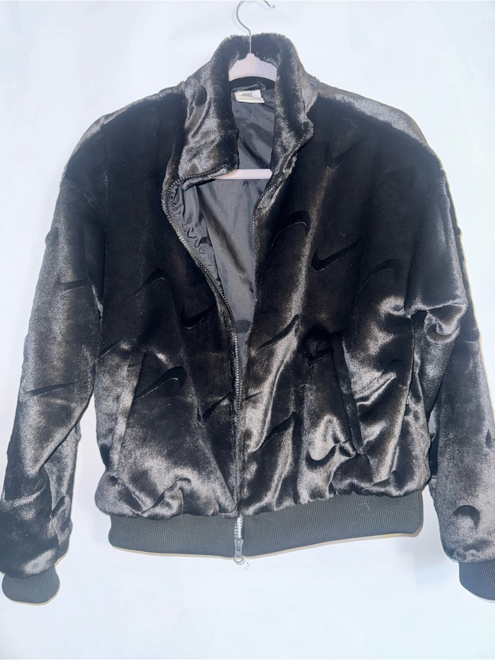 Nike Black Faux-Fur Bomber Jacket with Signature Swoosh
